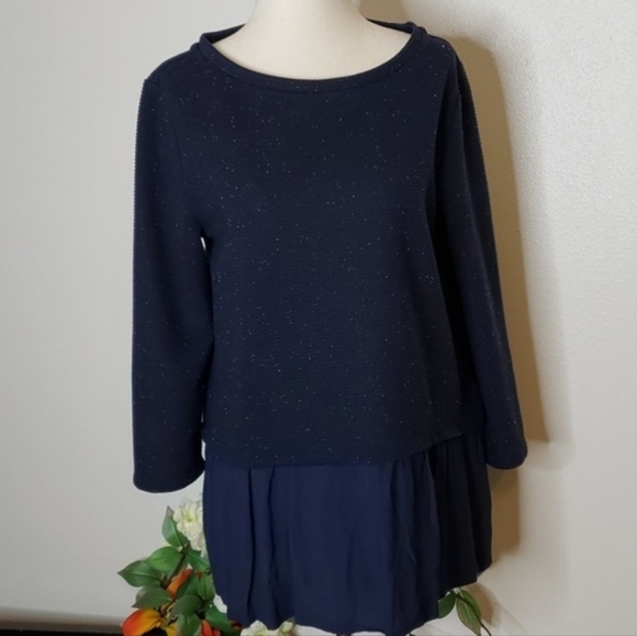 Loft Flecked Multi Media Top Ribbed Sweater Flouncy Sheer Bottom Spring Top - Picture 10 of 13